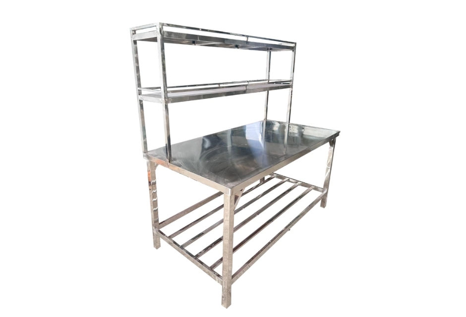 Bàn inox 2 tầng inox 304 có bánh xe