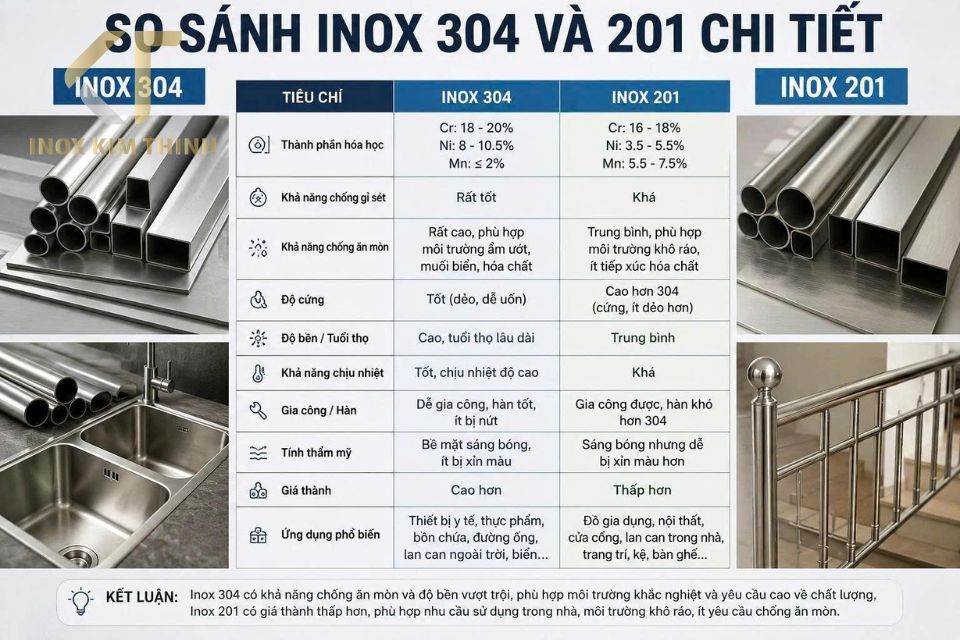So sánh inox 304 và inox 201 trong thiết bị bếp công nghiệp
